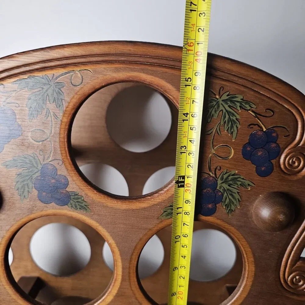 Vintage 1980s Wooden Wine Rack Hand Painted Grapes Holds 6 Bottles Rustic